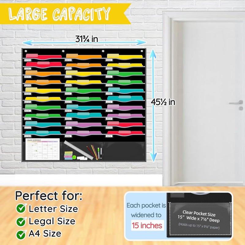 ALSLEA 33 Pockets Hanging Wall File Organizer for Legal/Letter Size Paper, Over the Door Organizer, 47½" x 45½" Pocket Chart for Classroom, Office, Warehouse, Home Use with 36 Name Tags & 8 Hooks - Image 3